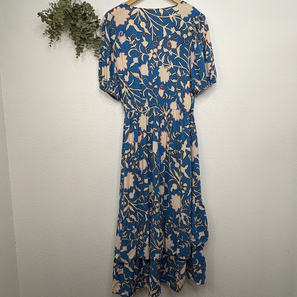 Knox Rose Blue Floral Wrap Midi Dress XXL Short Sleeve Tassel Tiered Ruffle Boho - Picture 7 of 7